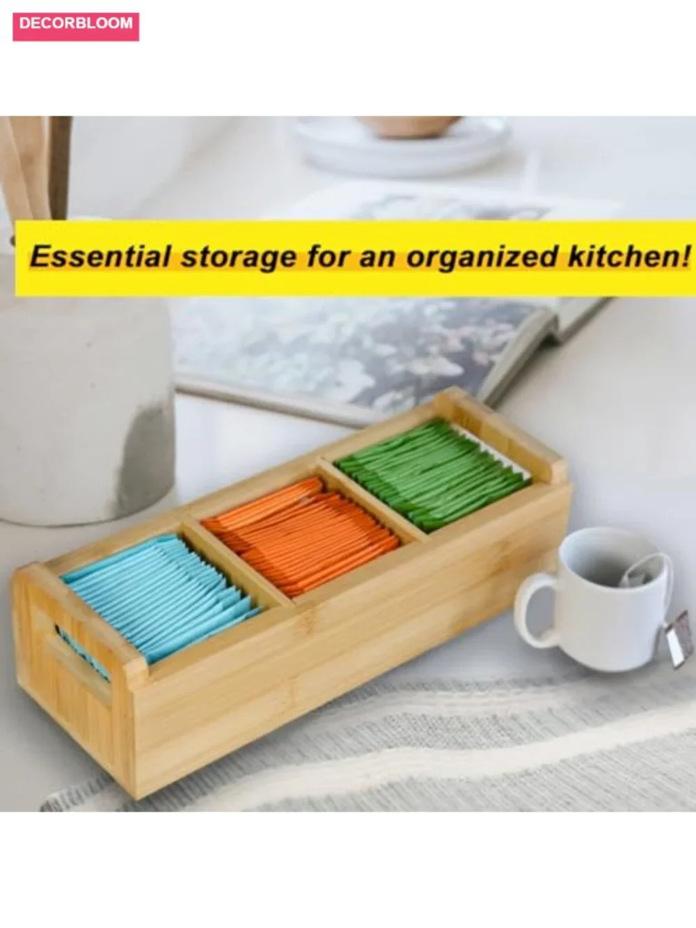 Bamboo Tea Organizer Box Eco-Friendly Adjustable Storage Chest